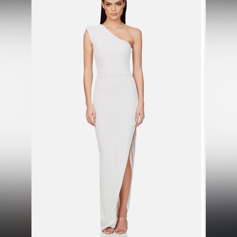 Nookie Veda Gown, White‎ Sequin, One Shoulder, Size M, NWT, Retail $369